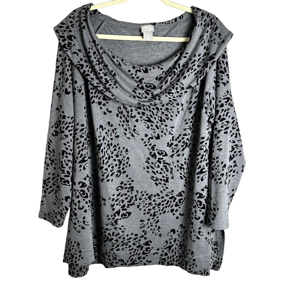 Chicos Gray Cozy Animal-Print Brushed Fleece Tunic Womens Size‎ 16-18 Petite